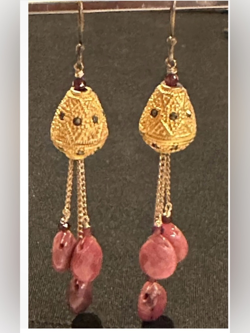Vintage gold plated / vermeil Rhodochrosite Triple drop dangle earrings
